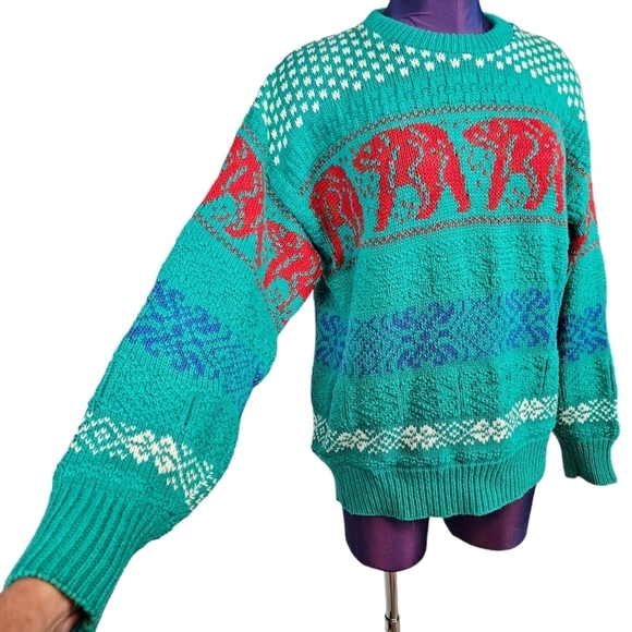 Vintage Lake Harmony Rowing Club Teal Bear Fair Isle Sweater Size Medium Men's - Picture 5 of 10